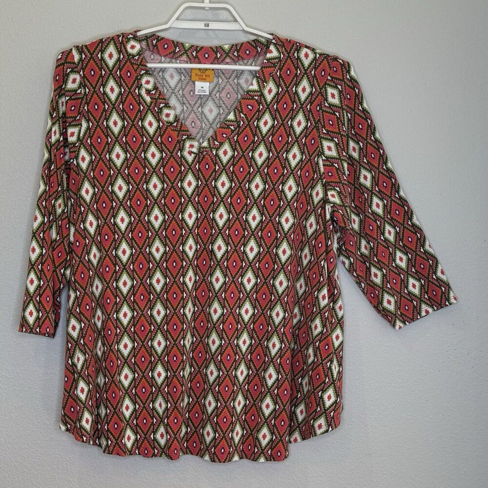 Ruby Road Women's Top‎ 1X Multicolor Print 3/4 Sleeve V-Neck Rayon Spandex Blend